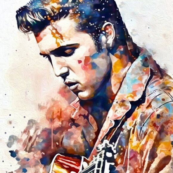 Elvis Presley Playing Guitar Watercolor Oil Painting Print‎ King of Rock n' Roll - Picture 2 of 6